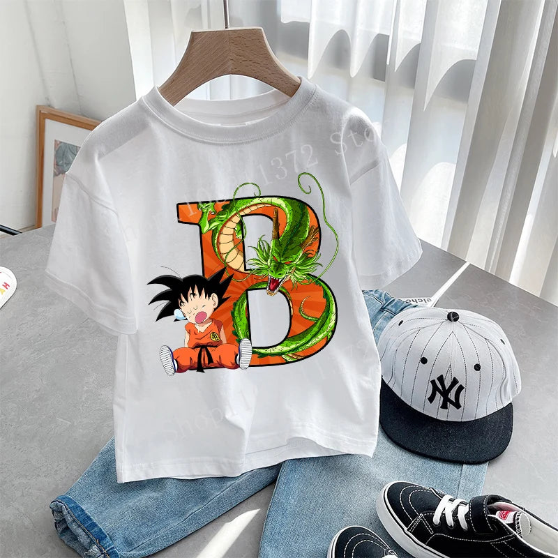 Dragon Ball Goku T-shirt Letter A-Z Print Boys Clothes Cotton Short Sleeve Toddler Fashion Cartoon Anime Summer Street Wear Gift