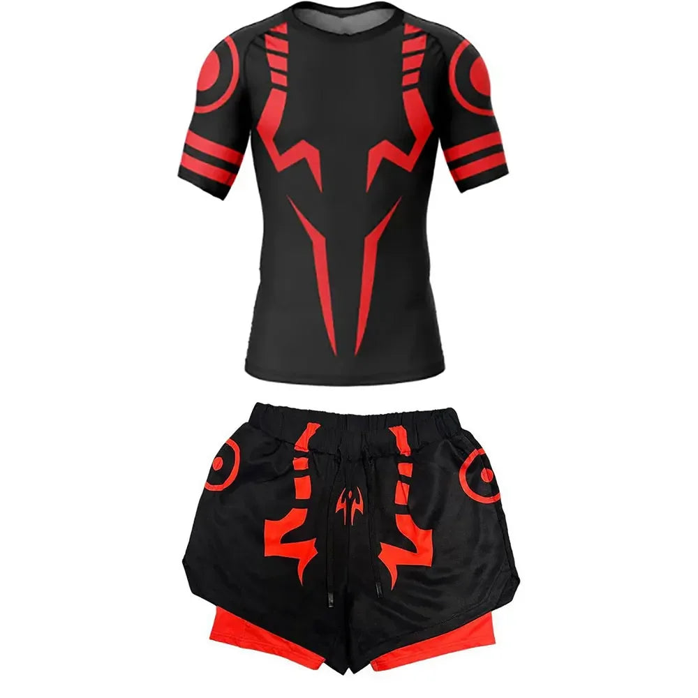 Men's Compression Set Anime Jujutsu Kaisen Printed Summer Gym Compression Shirts+Workout Shorts Breathable Quick Dry Sports Set