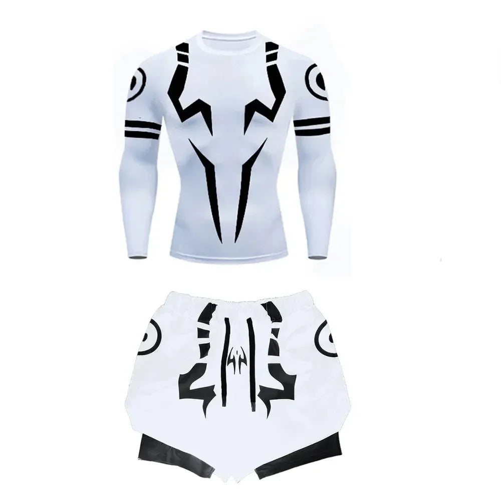 Men's Compression Set Anime Jujutsu Kaisen Printed Summer Gym Compression Shirts+Workout Shorts Breathable Quick Dry Sports Set