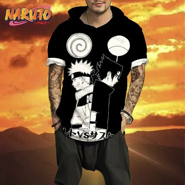 Men's Shirt Hooded Streetwear Naruto Oversized T-shirt Short Sleeve Trend Essentials Clothing Hip Hop Anime Ninja High Quality