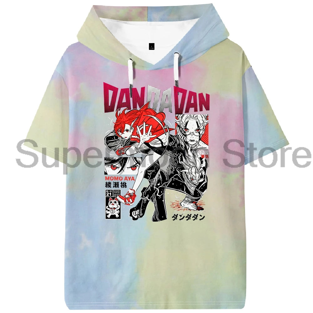 Anime Dandadan Momo Ayase Hooded T-shirt Summer Short Sleeve Sport Gym Tee Women Men Sportwear Outdoor Streetwear Tops