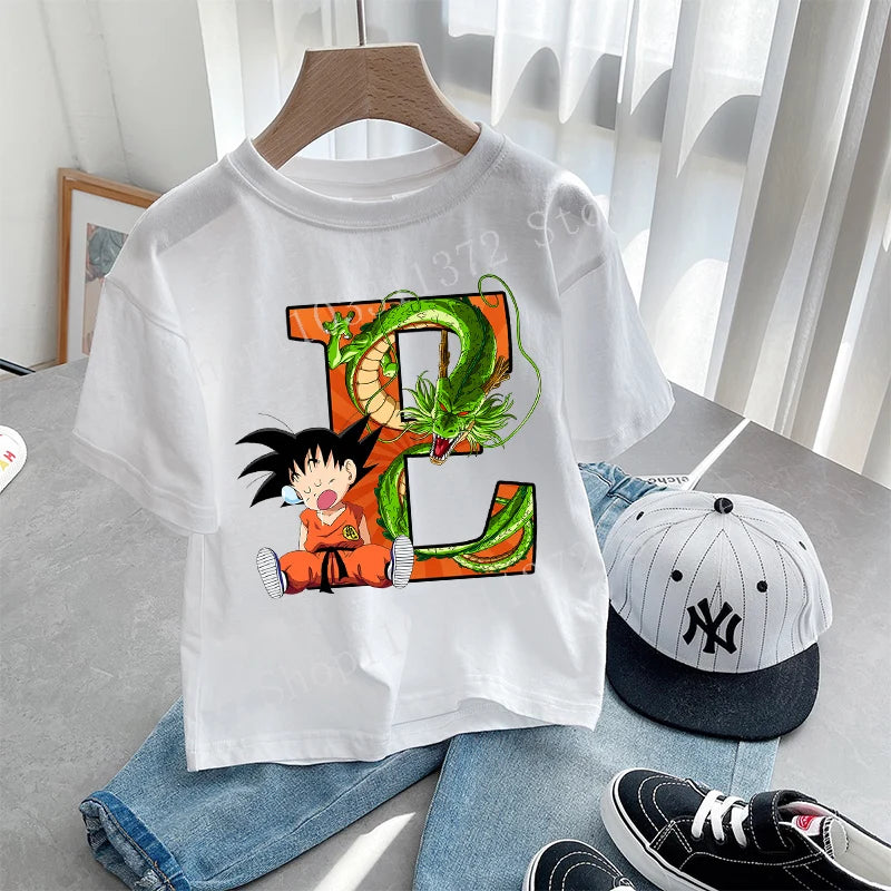 Dragon Ball Goku T-shirt Letter A-Z Print Boys Clothes Cotton Short Sleeve Toddler Fashion Cartoon Anime Summer Street Wear Gift