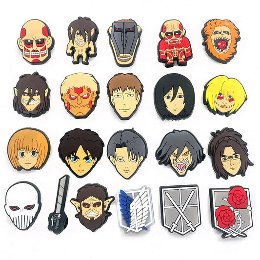 21Pcs Attack on Titan Shoe Charms for Clogs Bubble Slides Sandals PVC Shoe Decorations Buckle Accessories for Kids