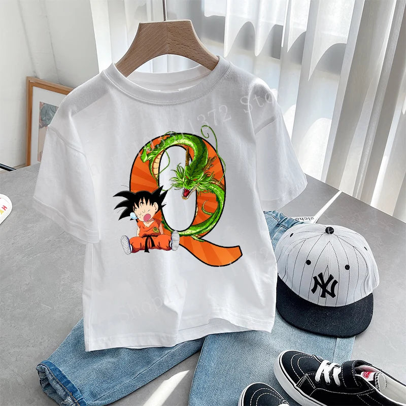 Dragon Ball Goku T-shirt Letter A-Z Print Boys Clothes Cotton Short Sleeve Toddler Fashion Cartoon Anime Summer Street Wear Gift