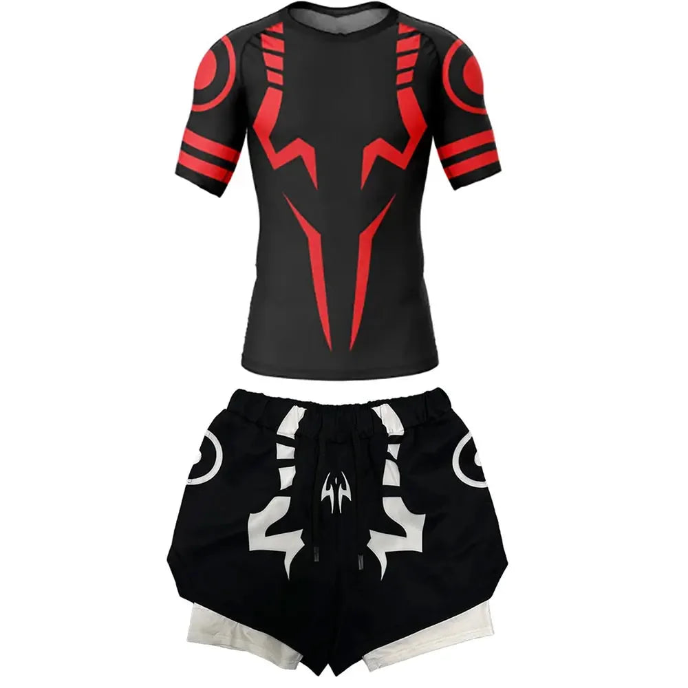 Men's Compression Set Anime Jujutsu Kaisen Printed Summer Gym Compression Shirts+Workout Shorts Breathable Quick Dry Sports Set