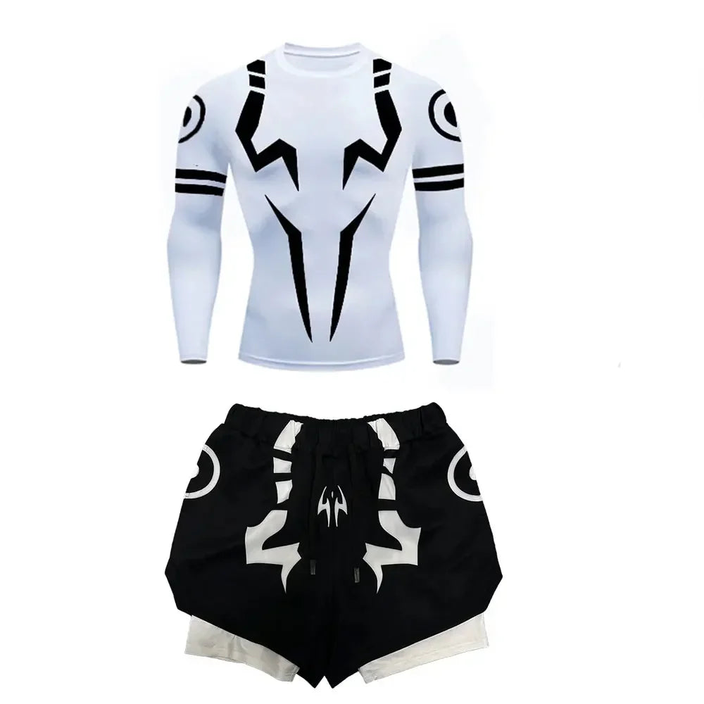 Men's Compression Set Anime Jujutsu Kaisen Printed Summer Gym Compression Shirts+Workout Shorts Breathable Quick Dry Sports Set