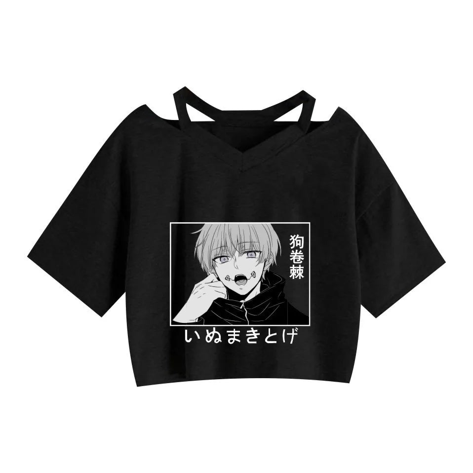 Women Fashion Cute Clothes Jujutsu Kaisen Anime Short Sleeve T-Shirt Casual Loose Pink Anime Graphic V-neck Crop Top Streetwear