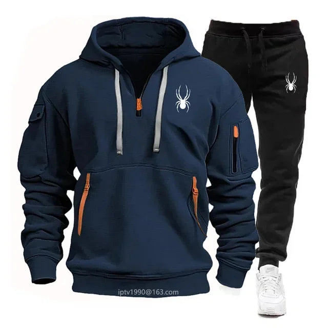 2024 new Spring and Autumn men's multi-pocket zipper hoodie + sweatpants two-piece jogging leisure fitness sports clothing set