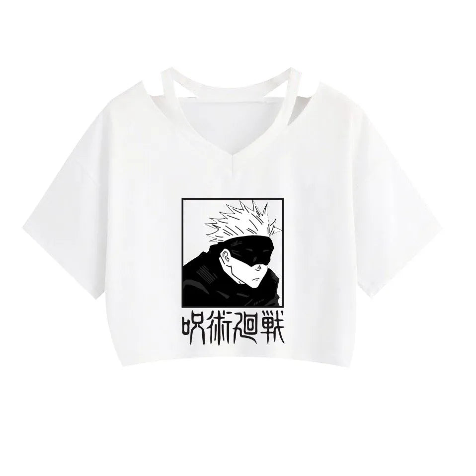 Women Fashion Cute Clothes Jujutsu Kaisen Anime Short Sleeve T-Shirt Casual Loose Pink Anime Graphic V-neck Crop Top Streetwear