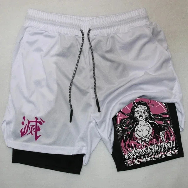 Anime Gym Shorts Men Women Gothic Print 2 in 1 Performance Shorts Fitness Casual Sports Y2K Short Pants Girl