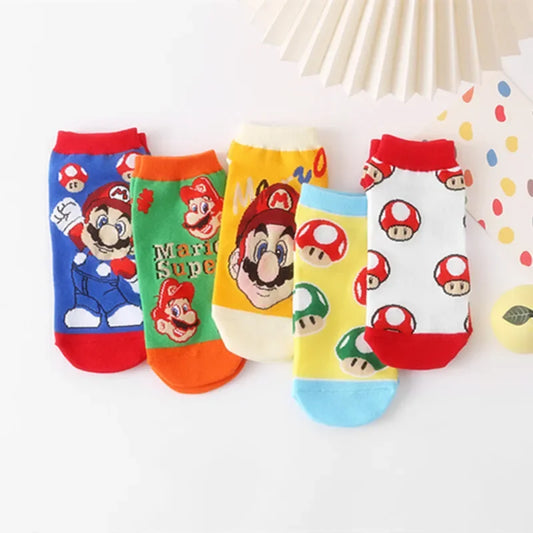 5 Pairs Adult Super Mario Socks Kawaii Cartoon Anime Combed Cotton Socks Men And Women's Short invisible Sock Gifts Average Size