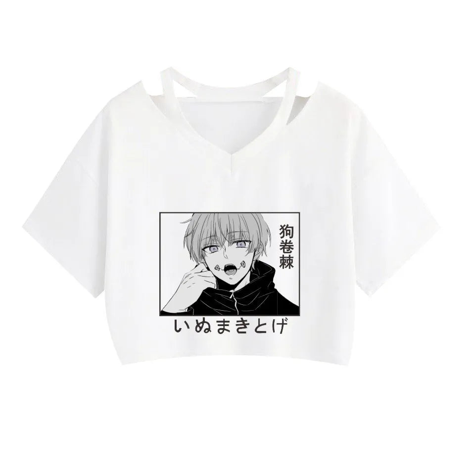 Women Fashion Cute Clothes Jujutsu Kaisen Anime Short Sleeve T-Shirt Casual Loose Pink Anime Graphic V-neck Crop Top Streetwear