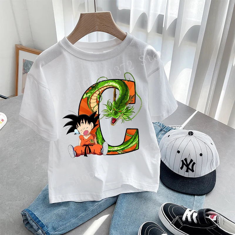 Dragon Ball Goku T-shirt Letter A-Z Print Boys Clothes Cotton Short Sleeve Toddler Fashion Cartoon Anime Summer Street Wear Gift