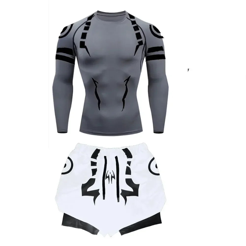 Men's Compression Set Anime Jujutsu Kaisen Printed Summer Gym Compression Shirts+Workout Shorts Breathable Quick Dry Sports Set