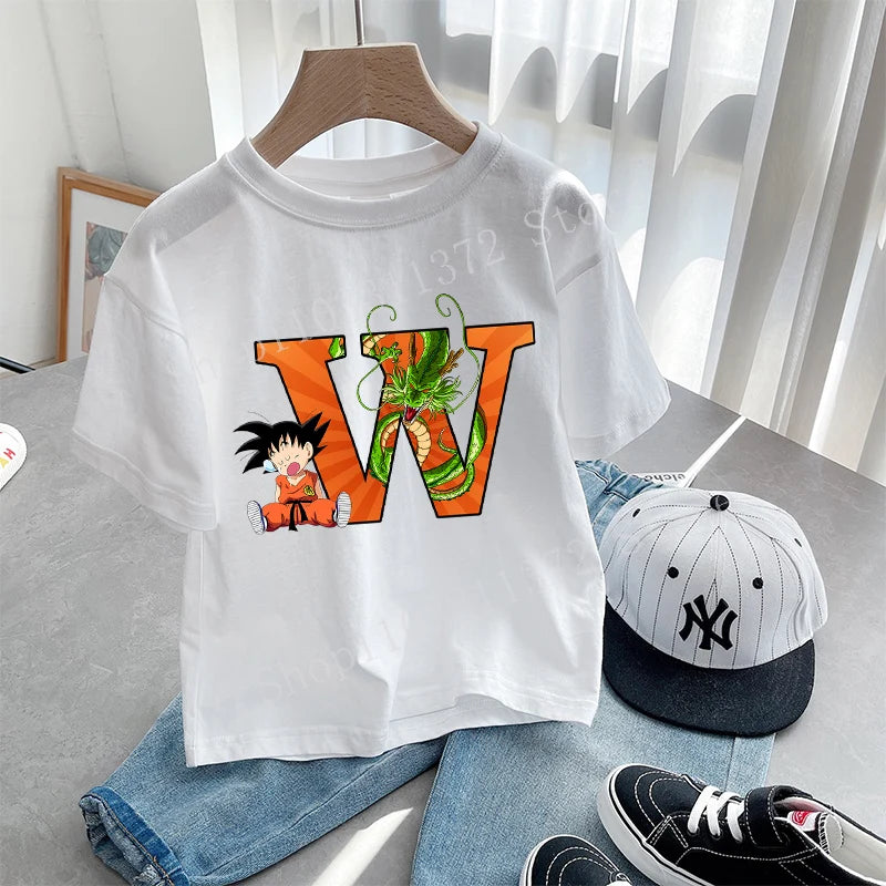 Dragon Ball Goku T-shirt Letter A-Z Print Boys Clothes Cotton Short Sleeve Toddler Fashion Cartoon Anime Summer Street Wear Gift