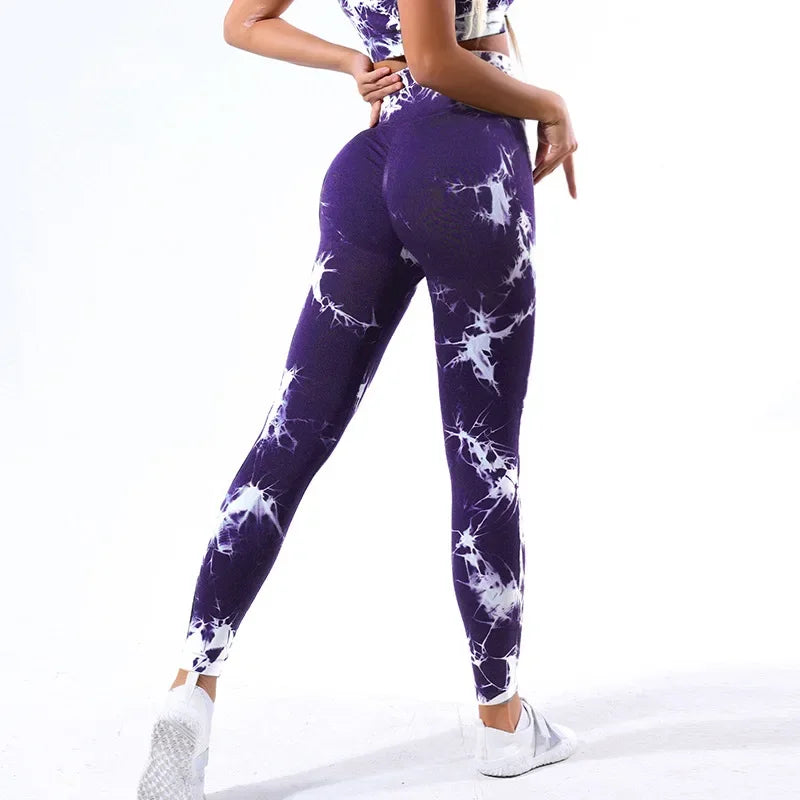 2pcs Tie Dye Yoga Women's Tracksuit Fitness Yoga Sets Sportswear Workout Bra+High Waist Leggings Gym Clothing Seamless Suits