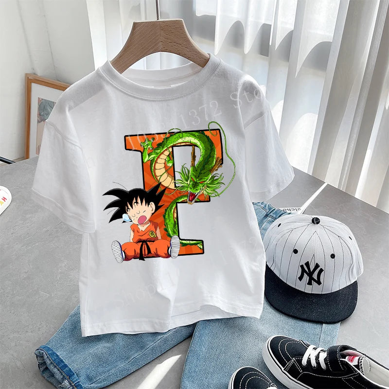 Dragon Ball Goku T-shirt Letter A-Z Print Boys Clothes Cotton Short Sleeve Toddler Fashion Cartoon Anime Summer Street Wear Gift