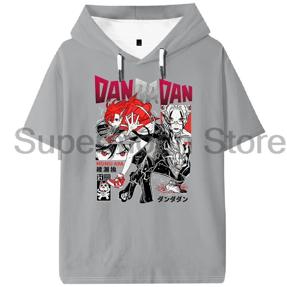 Anime Dandadan Momo Ayase Hooded T-shirt Summer Short Sleeve Sport Gym Tee Women Men Sportwear Outdoor Streetwear Tops