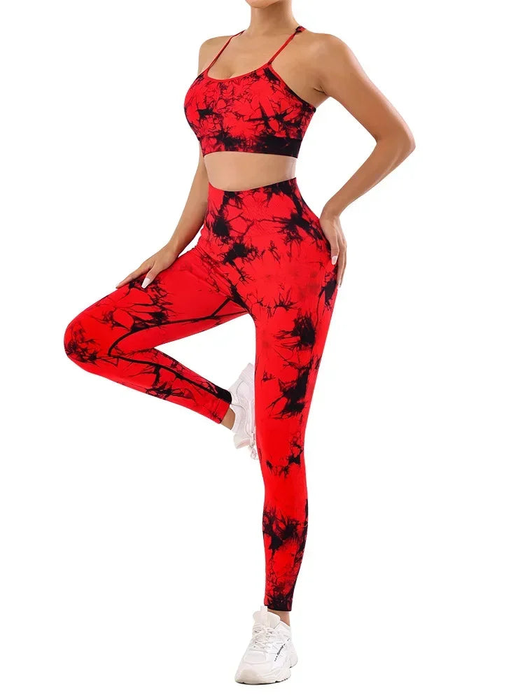 2pcs Tie Dye Yoga Women's Tracksuit Fitness Yoga Sets Sportswear Workout Bra+High Waist Leggings Gym Clothing Seamless Suits