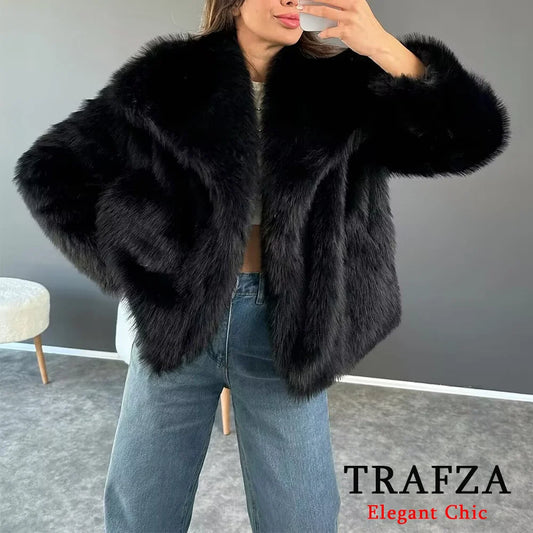 TRAFZA-Women Fashion Winter Solid  Big Lapel Coat Faux Fur Coat Jacket New 2025 Autumn Winter Slouchy Burgundy Black Gray Coat