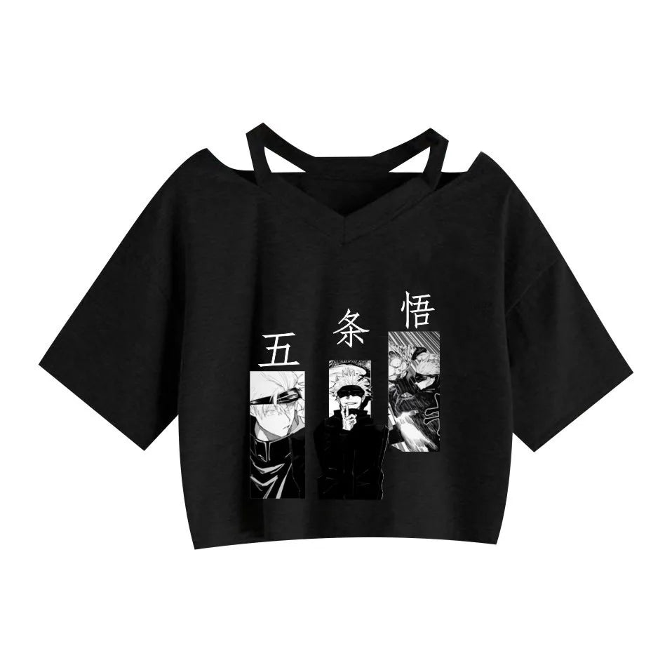 Women Fashion Cute Clothes Jujutsu Kaisen Anime Short Sleeve T-Shirt Casual Loose Pink Anime Graphic V-neck Crop Top Streetwear