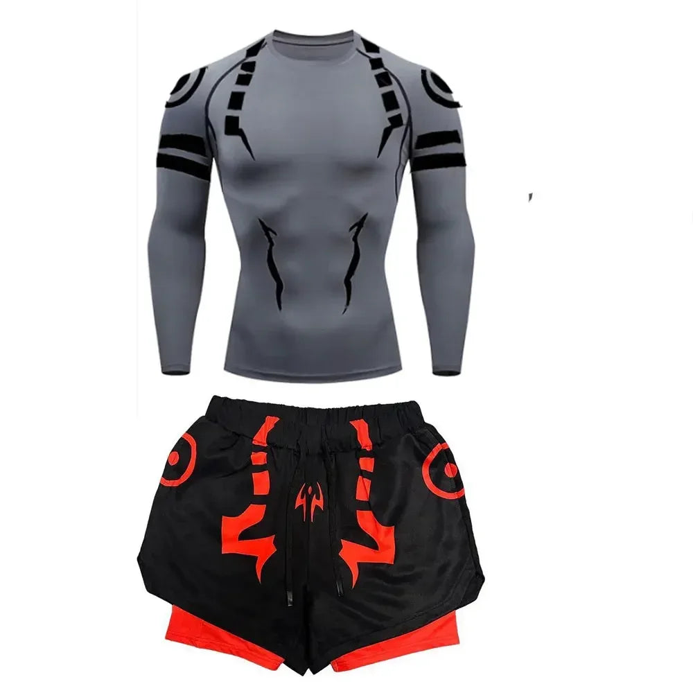 Men's Compression Set Anime Jujutsu Kaisen Printed Summer Gym Compression Shirts+Workout Shorts Breathable Quick Dry Sports Set