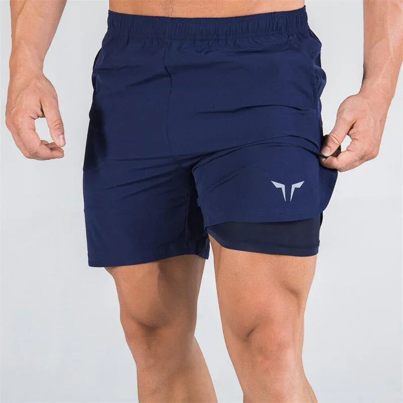 Men summer Double-deck fitness sports shorts slim quick drying breathable woven Shorts Men's sweatpants training gym clothing