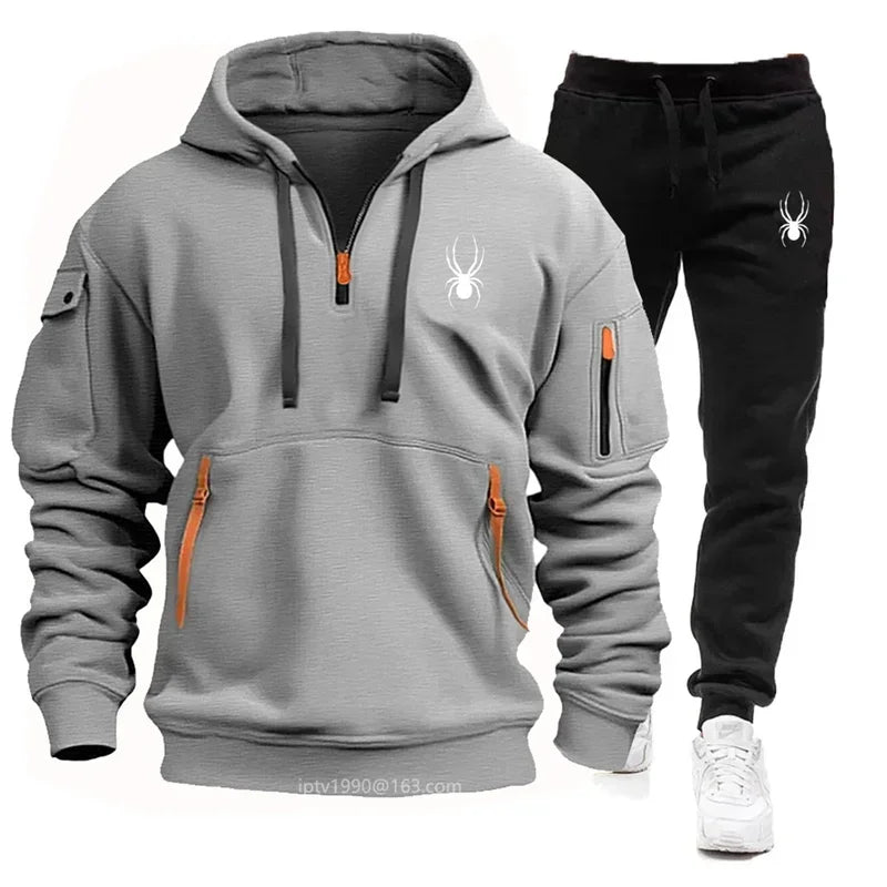 2024 new Spring and Autumn men's multi-pocket zipper hoodie + sweatpants two-piece jogging leisure fitness sports clothing set