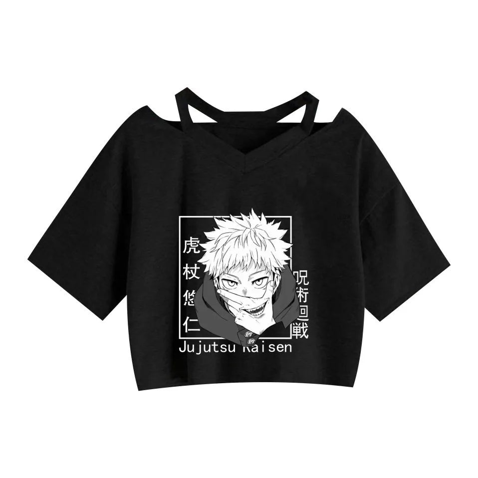 Women Fashion Cute Clothes Jujutsu Kaisen Anime Short Sleeve T-Shirt Casual Loose Pink Anime Graphic V-neck Crop Top Streetwear