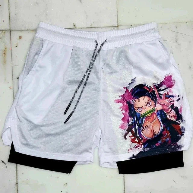 Anime Gym Shorts Men Women Gothic Print 2 in 1 Performance Shorts Fitness Casual Sports Y2K Short Pants Girl