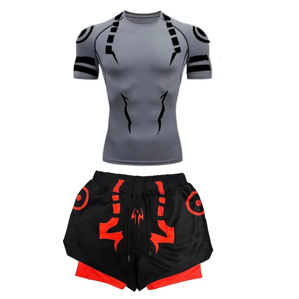 Men's Compression Set Anime Jujutsu Kaisen Printed Summer Gym Compression Shirts+Workout Shorts Breathable Quick Dry Sports Set