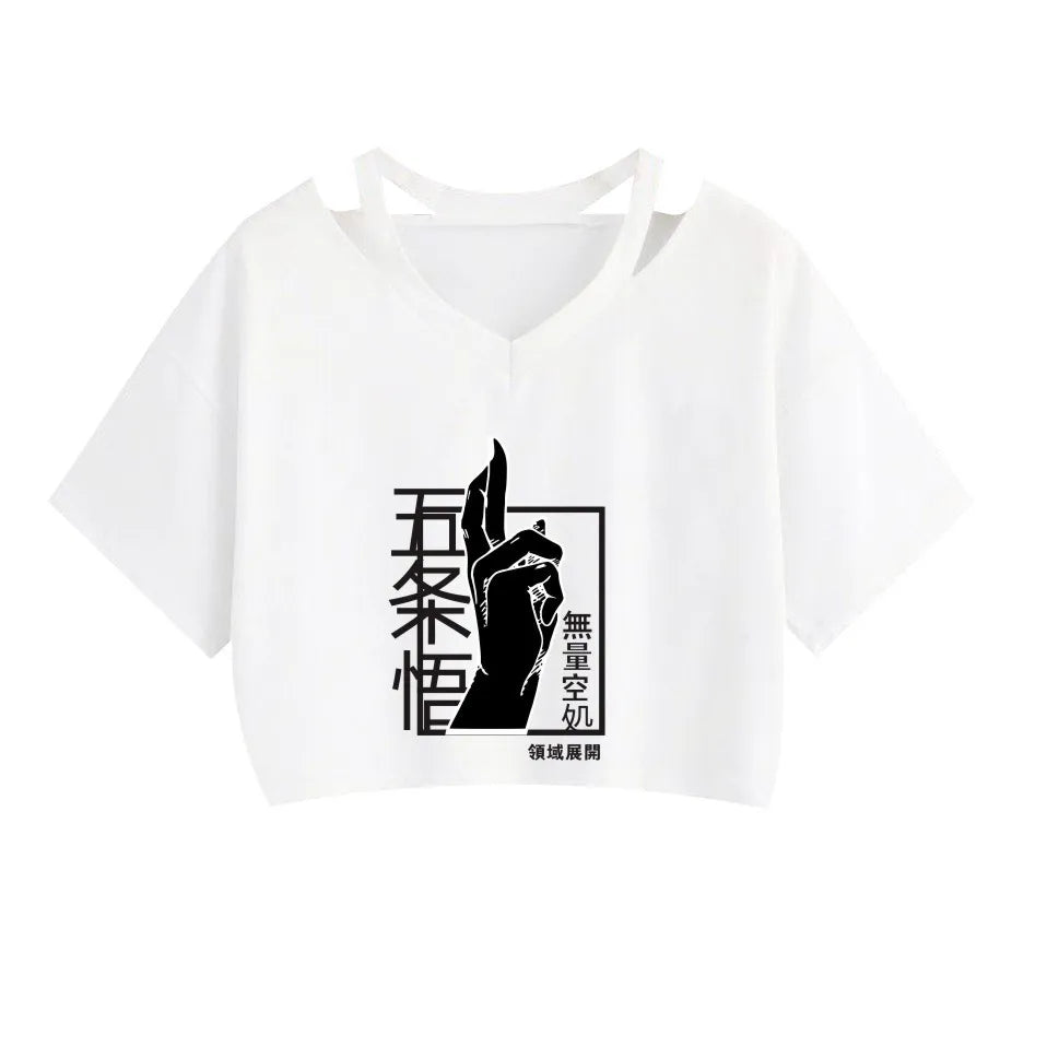 Women Fashion Cute Clothes Jujutsu Kaisen Anime Short Sleeve T-Shirt Casual Loose Pink Anime Graphic V-neck Crop Top Streetwear