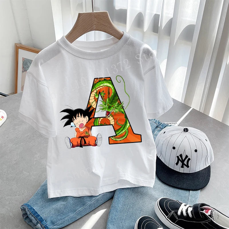 Dragon Ball Goku T-shirt Letter A-Z Print Boys Clothes Cotton Short Sleeve Toddler Fashion Cartoon Anime Summer Street Wear Gift