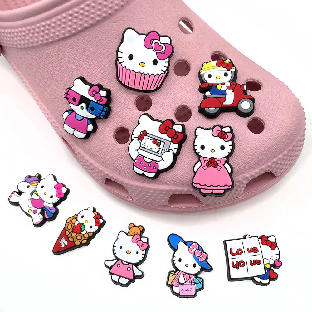 10Pcs/Set Hello Kitty Series Shoe Charms for Clogs Bubble Slides Sandals PVC Shoe Decorations Buckle Accessories for Kid