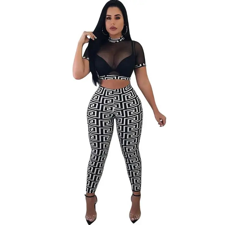 See through Sexy Two Piece Set Women Transparent Mesh Crop Top and Pencil Pants Suit Party Club Wear 2 Piece Outfits