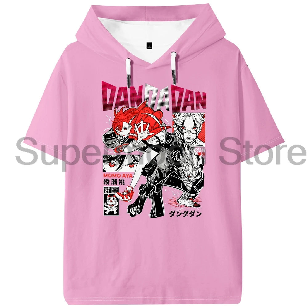 Anime Dandadan Momo Ayase Hooded T-shirt Summer Short Sleeve Sport Gym Tee Women Men Sportwear Outdoor Streetwear Tops