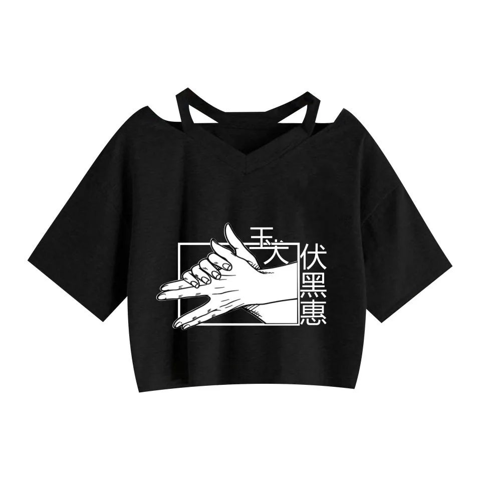 Women Fashion Cute Clothes Jujutsu Kaisen Anime Short Sleeve T-Shirt Casual Loose Pink Anime Graphic V-neck Crop Top Streetwear