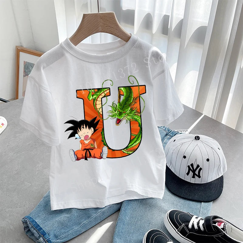 Dragon Ball Goku T-shirt Letter A-Z Print Boys Clothes Cotton Short Sleeve Toddler Fashion Cartoon Anime Summer Street Wear Gift