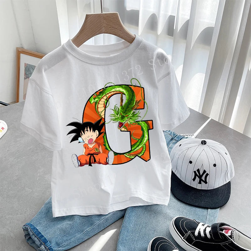 Dragon Ball Goku T-shirt Letter A-Z Print Boys Clothes Cotton Short Sleeve Toddler Fashion Cartoon Anime Summer Street Wear Gift