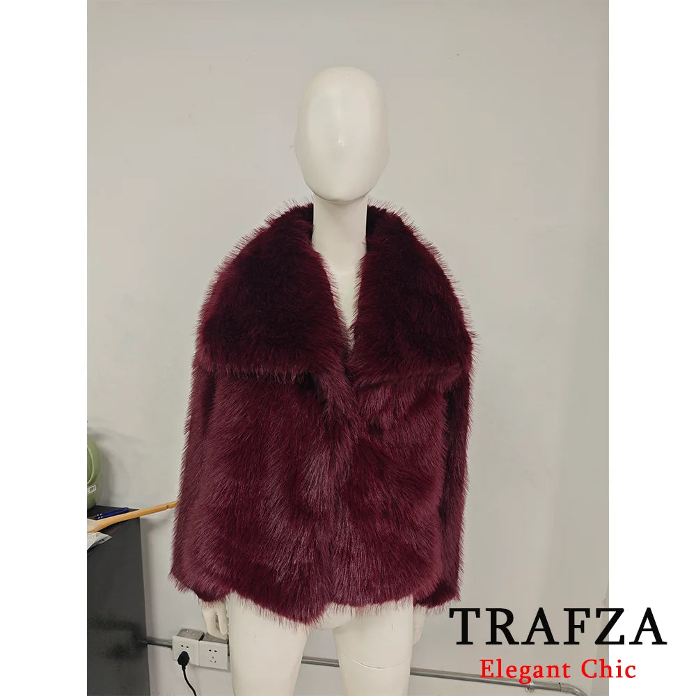 TRAFZA-Women Fashion Winter Solid  Big Lapel Coat Faux Fur Coat Jacket New 2025 Autumn Winter Slouchy Burgundy Black Gray Coat