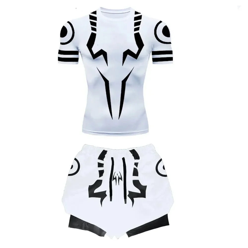 Men's Compression Set Anime Jujutsu Kaisen Printed Summer Gym Compression Shirts+Workout Shorts Breathable Quick Dry Sports Set