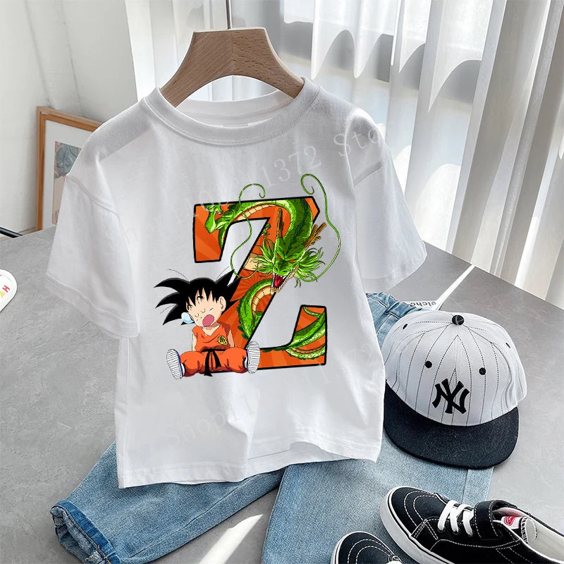 Dragon Ball Goku T-shirt Letter A-Z Print Boys Clothes Cotton Short Sleeve Toddler Fashion Cartoon Anime Summer Street Wear Gift