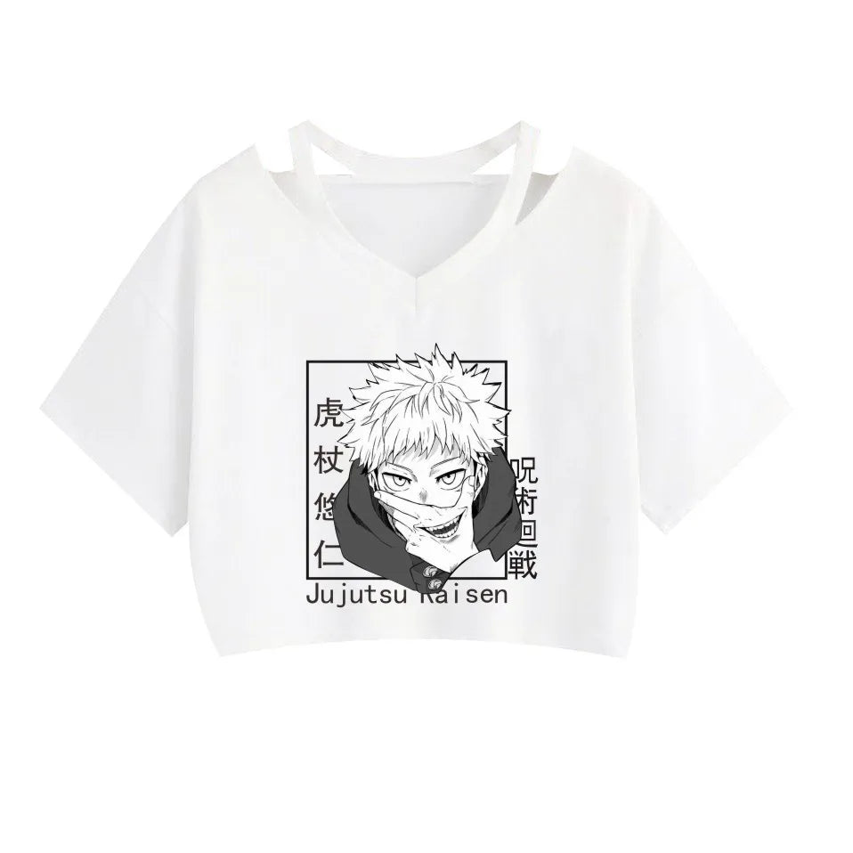 Women Fashion Cute Clothes Jujutsu Kaisen Anime Short Sleeve T-Shirt Casual Loose Pink Anime Graphic V-neck Crop Top Streetwear