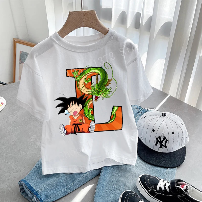 Dragon Ball Goku T-shirt Letter A-Z Print Boys Clothes Cotton Short Sleeve Toddler Fashion Cartoon Anime Summer Street Wear Gift