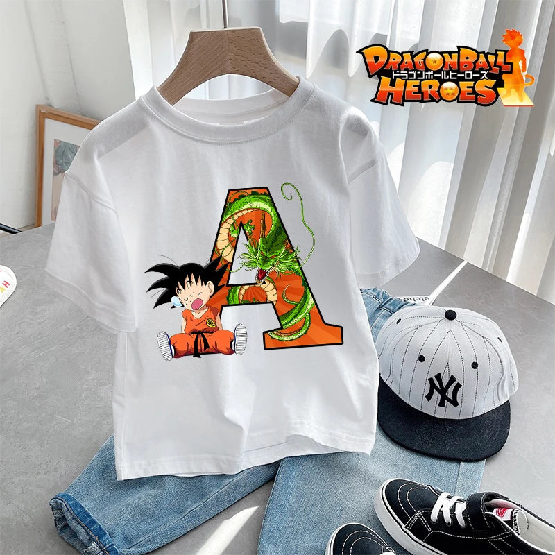 Dragon Ball Goku T-shirt Letter A-Z Print Boys Clothes Cotton Short Sleeve Toddler Fashion Cartoon Anime Summer Street Wear Gift