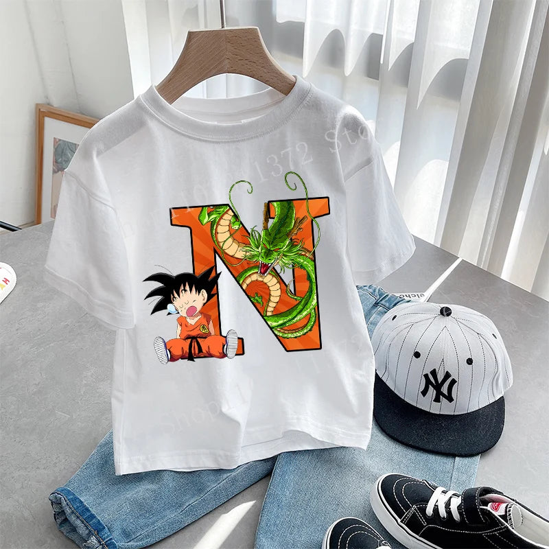 Dragon Ball Goku T-shirt Letter A-Z Print Boys Clothes Cotton Short Sleeve Toddler Fashion Cartoon Anime Summer Street Wear Gift