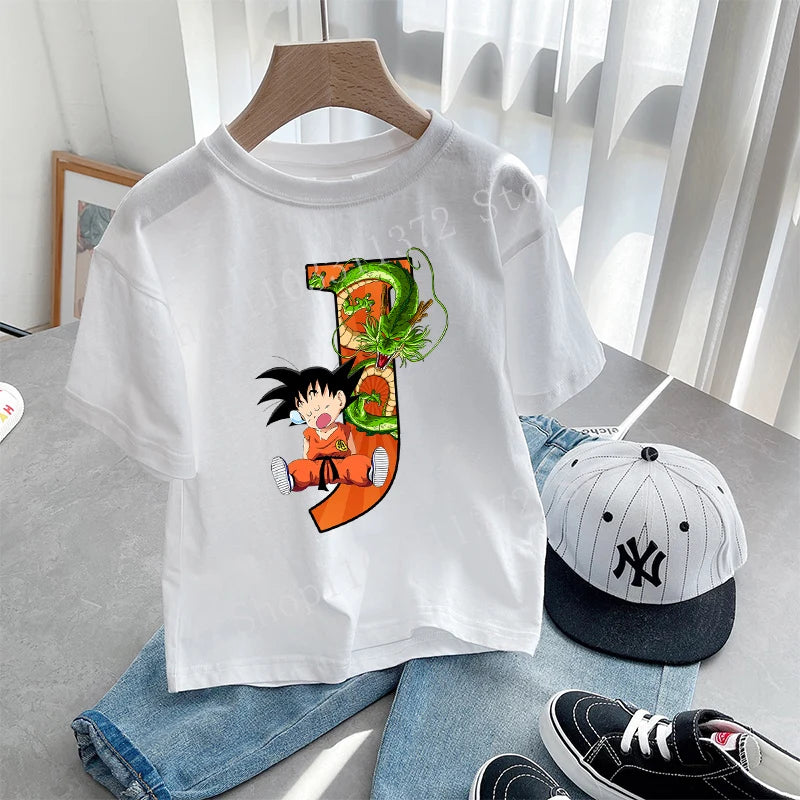 Dragon Ball Goku T-shirt Letter A-Z Print Boys Clothes Cotton Short Sleeve Toddler Fashion Cartoon Anime Summer Street Wear Gift