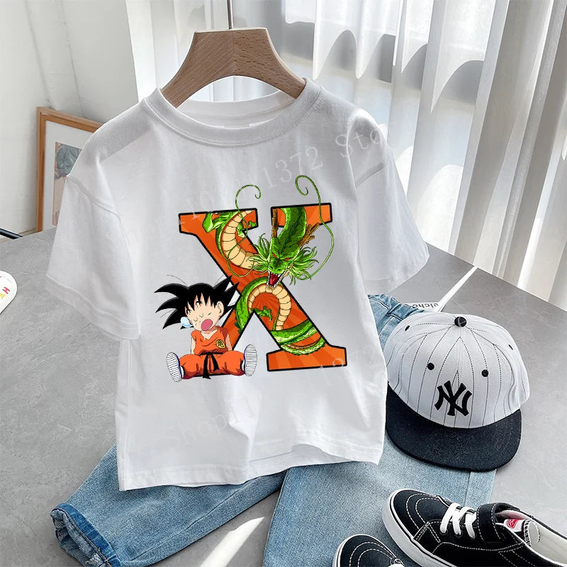 Dragon Ball Goku T-shirt Letter A-Z Print Boys Clothes Cotton Short Sleeve Toddler Fashion Cartoon Anime Summer Street Wear Gift