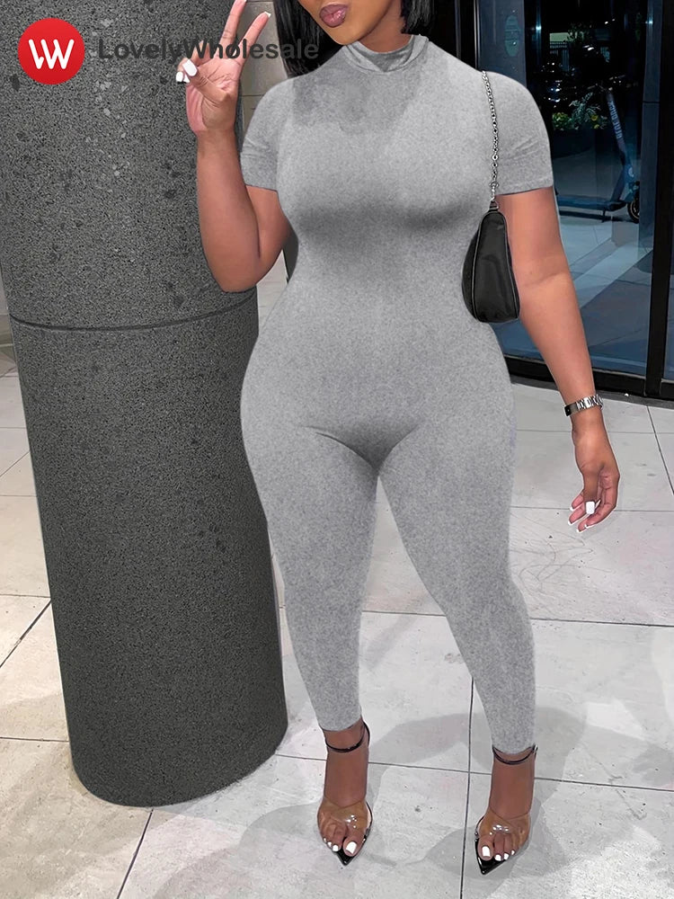 LW Plus Size Turtleneck Long Jumpsuit Women 2025 Spring Short Sleeve Skinny Jumpsuits Woman Bodycon Full Length Romper Playsuit