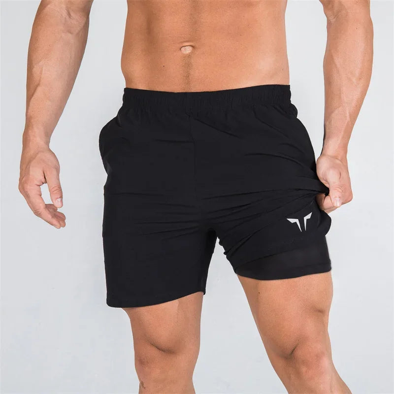 Men summer Double-deck fitness sports shorts slim quick drying breathable woven Shorts Men's sweatpants training gym clothing